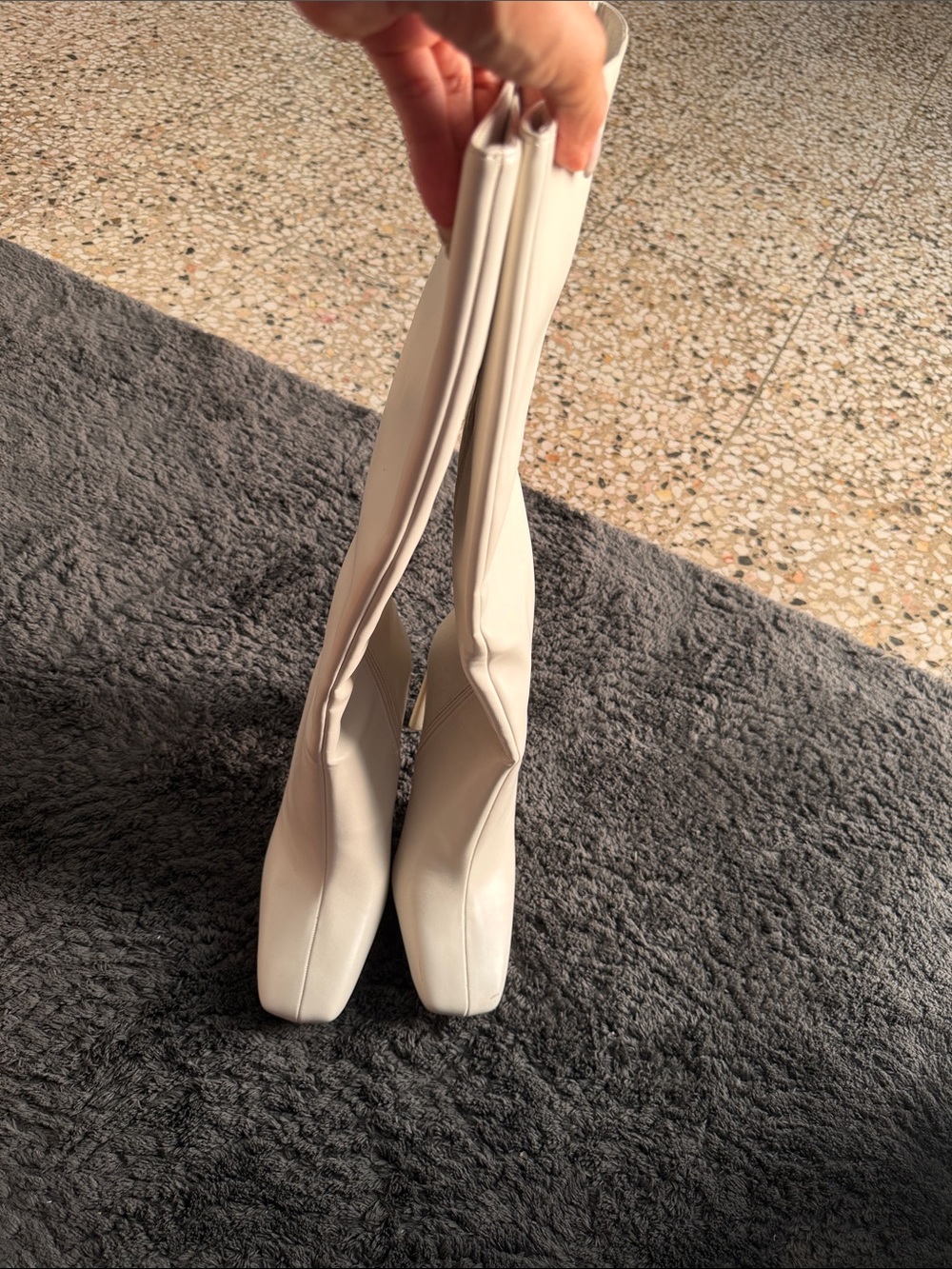 Zara White Knee-High Square-Toe Stretch Boots